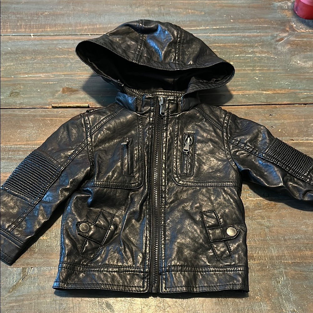 Black Faux Leather Hooded Jacket